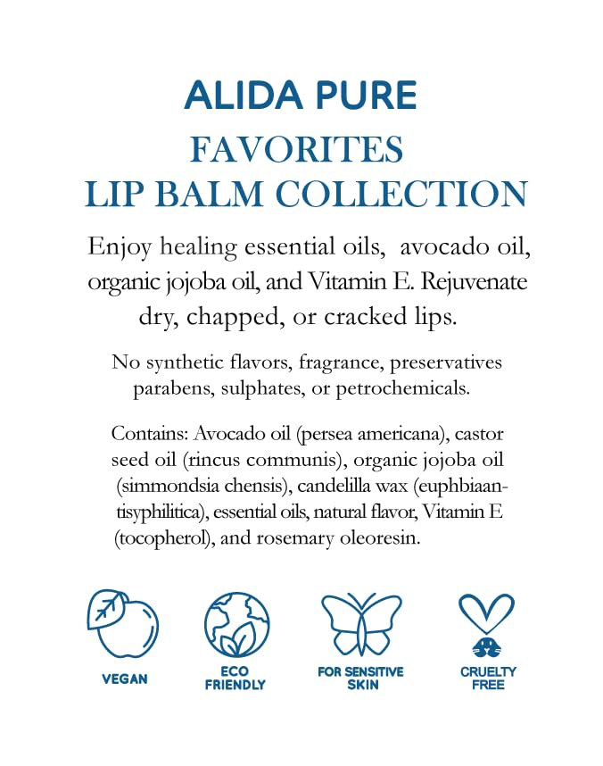 Favorites Lip Balm Collection, Vegan Lip Balm Set, Bees Wax Free, Coconut Oil Free, Avocado Oil, Organic Jojoba Oil, Vitamin E, Natural Moisturizer For Dry Cracked Lips, 3 Tube Set-VivaGrace Women