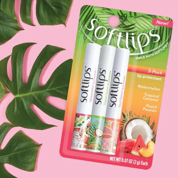 SoftLips Lip Balm, 0.63 oz - Tropical Lip Balm in Hydrating Watermelon, Coconut & Peach Flavors with Shea Butter & Vitamin E, Bundle with Moofin Wooden Comb, Nourishing LipBalm Set (Pack of 1)-VivaGrace Women