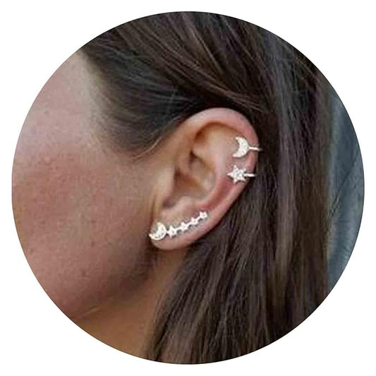 Boho Moon Star Ear Climber Earrings Silver Cz Star Ear Crawler Earrings Vintage Rhinestone Moon Cuff Earrings Cartilage Star Trailing Earrings Celestial Jewelry for Women and Girls Gifts-VivaGrace Women
