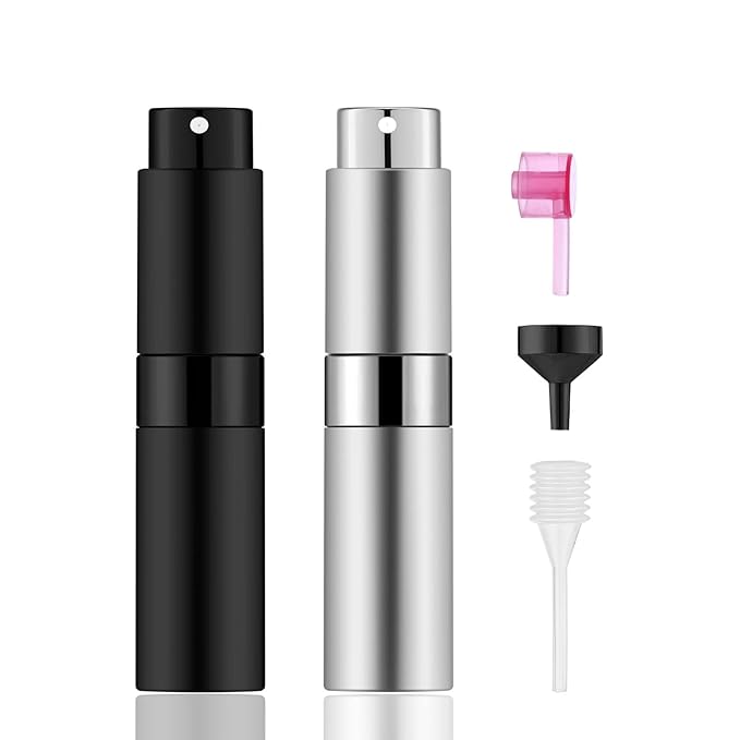 2 PCS/8ml Portable Mini Perfume Atomizer bottles, Empty Refillable Spray Bottle with 3 Types of Refill Tools, Pocket Travel Perfume Sample Bottles(Matte Black&Silver)-VivaGrace Women
