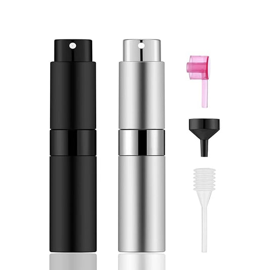 2 PCS/8ml Portable Mini Perfume Atomizer bottles, Empty Refillable Spray Bottle with 3 Types of Refill Tools, Pocket Travel Perfume Sample Bottles(Matte Black&Silver)-VivaGrace Women