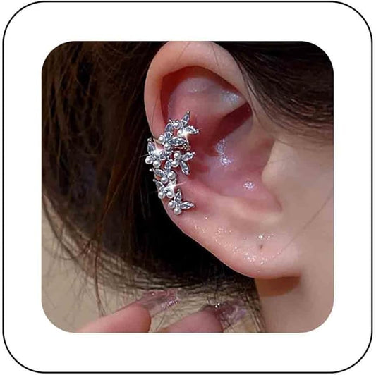 Vintage Crystal Pearl Ear Cuff Earrings Rhinestone Butterfly Cuff Wrap Earrings Cz Butterfly Ear Climber Cuff Earrings Silver Pearl Cz Non Piercing Earring Jewelry for Women(Left)-VivaGrace Women