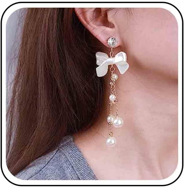 Vintage Crystal Pearl Drop Earrings Pearl Bow Dangle Earrings Long Pearl Tassel Chain Earrings Cz Bow Stud Earrings Jewelry for Women-VivaGrace Women