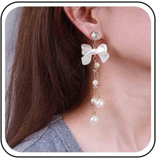 Vintage Crystal Pearl Drop Earrings Pearl Bow Dangle Earrings Long Pearl Tassel Chain Earrings Cz Bow Stud Earrings Jewelry for Women-VivaGrace Women