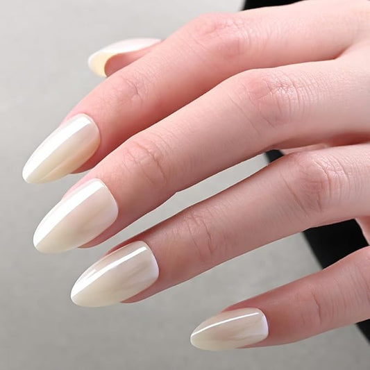 Aurora Chrome White Press On Nails Short Almond 30 Pcs, Designer Reusable Acrylic Fake Nails with Glue, Glossy Soft Gel Nails Wedding and Party, Stick On Glue On Nails, Nails fro Women Gift