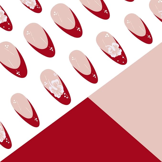 Red French tips Press on Nails Medium Almond Fake Nails with Design White Flower Glue on Nails Glossy Spring Nails Reusable Summer False Nails for Women Girls Manicure 24pcs