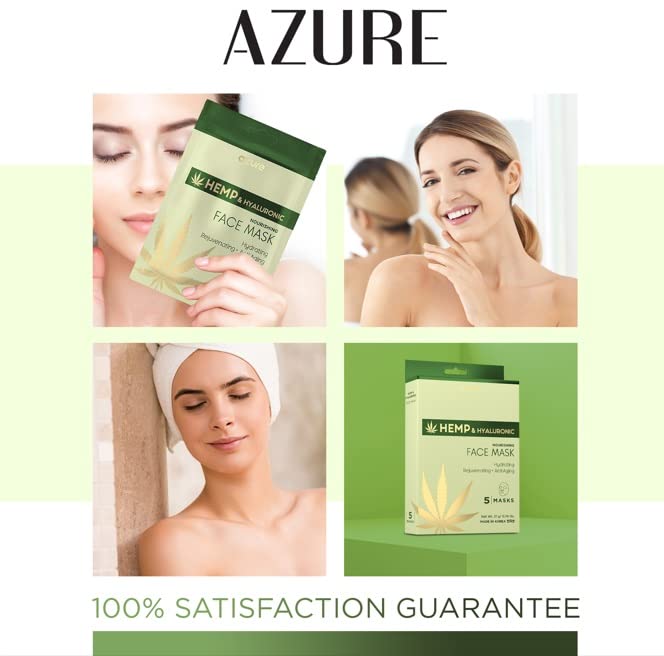 Azure Cosmetics Hemp Oil & Hyaluronic Acid Nourishing Facial Sheet - Anti Aging, Rejuvenating & Deeply Hydrating Mask - Reduces Fine Lines & Wrinkles, Locks in Moisture - Korean Skin Care - Pack of 5-VivaGrace Women