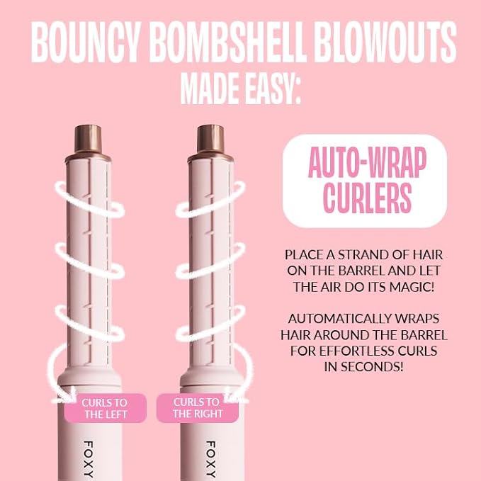 FoxyBae Super Styler Pro Interchangeable 5 in 1 Hair Styler Wand Curling Iron Set - w/Drying Cylinder, Ceramic Blowout & Round Brushes, 2 Auto-Wrap Curlers - Frizz-Free, Smooth Hair [Blush]-VivaGrace Women