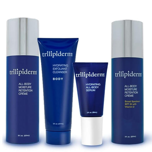 Trilipiderm Essential Body Regimen Bundle Set – 4 Simple Steps for this regimen - Start with Gentle Exfoliant Cleanser, Sun Care and Rejuvenating System that is powerful, natural and healthy hydration-VivaGrace Women