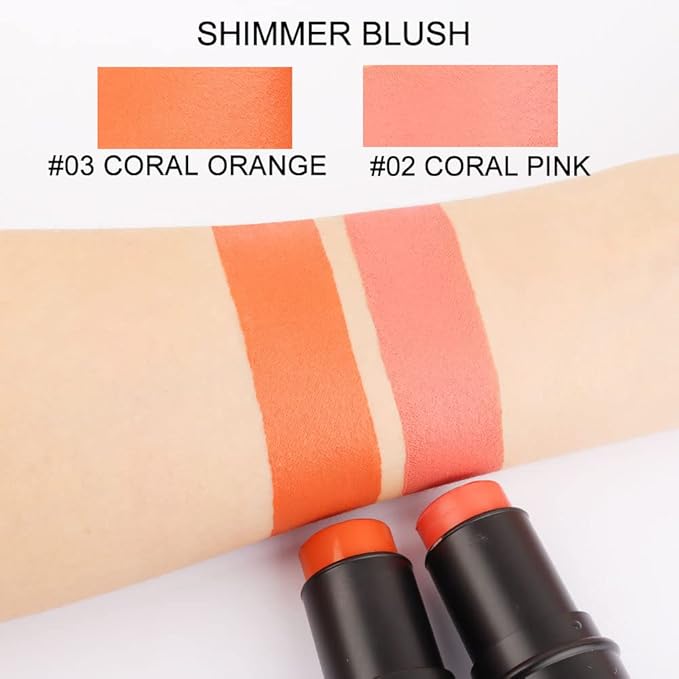 evpct 2Pcs Shimmer Orange Cream Blush Stick for Cheeks Lips Tint Eyes Contour Highlighter Makeup Sticks Lightweight Hydrating formula rubor en crema para los cachetes 02 Coral Pink & 03 Coral Orange-VivaGrace Women