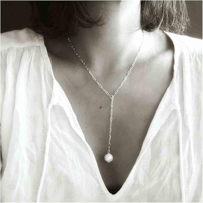 Boho Long Pearl Necklace Gold Lariat Y Necklace Choker Pearl Pendant Necklace Vintage Minimalist Necklace Chain Jewelry for Women and Girls-VivaGrace Women