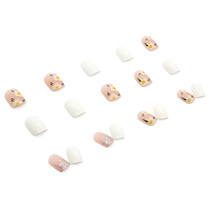 Flower Press on Nails Short Square Fake Nails Milk White Stick on Nails Full Cover Small Flowers False Nail Tips Acrylic Spring Glue on Nails Cute Floral Nail Art Decorations for Women 24Pcs