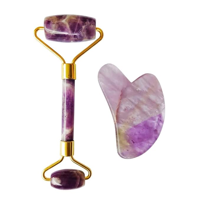 Amethyst Massage Roller and Gua sha Set | Reduces Wrinkles, Fine lines and Dark Circles | Pink Jade Roller | Anti-aging Massager for Skin Toning and Tightening for Face, Eyes, Neck-VivaGrace Women