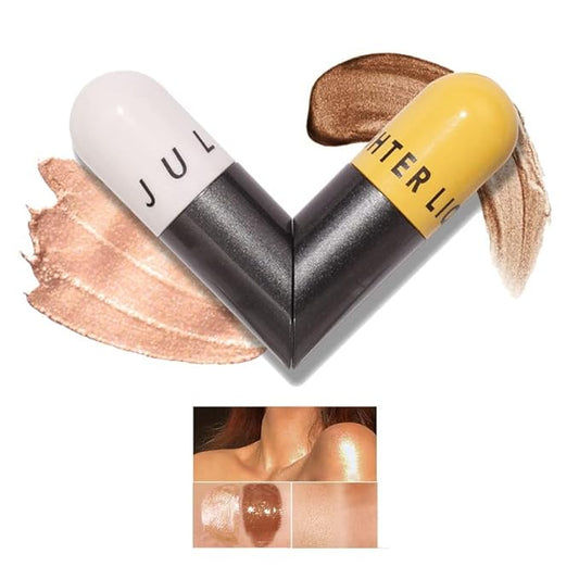 AKARY Liquid Highlighter Makeup for Face Body, Contour Foundation Illuminator Boom Stick, Two-color Highlight Shade Longwear Shimmer Glow Makeup, Valentine's Day gift (04 Champagne Gold + Warm Brown)-VivaGrace Women