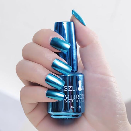 Blue Nail Polish Metallic Mirror Effect Metal Long-Lasting Quick Dry Nail Lacquers, Shiny Chrome DIY Manicure (10#, 18ml)