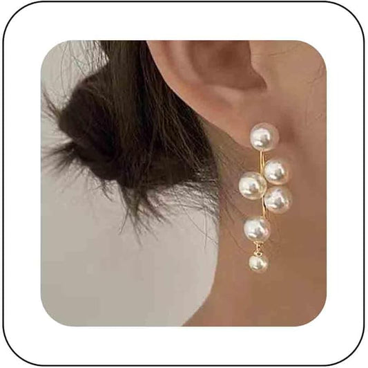 Boho Pearl Drop Earrings Long Pearl Tassel Earrings Gold Cluster Pearl Stud Earrings Bridal Pearl Earrings Wedding Earrings Jewelry for Women-VivaGrace Women