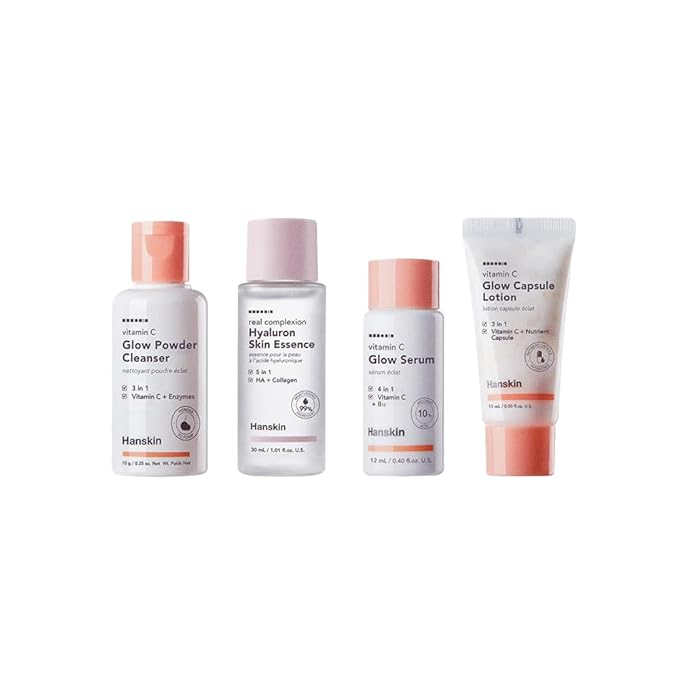 Hanskin Glow Skin On The Go Kit, Set of 4, Essential Travel Skincare Set for Glowing & Nourishing Skin on the Plane, Powder Cleanser Skin Essence and Facial Serum Cleansing Balm-VivaGrace Women