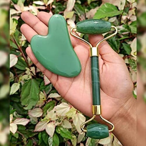Green Jade Roller & Gua Sha Set, Face Roller Manual Massager,Green Jade Applicator for Face, Neck,Body Muscle,Relaxing, Stimulating Blood Flow, Relieve Fine Lines, Wrinkles,Green-VivaGrace Women