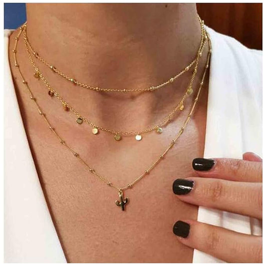Boho Layered Disc Coin Necklace Choker Gold Cactus Pendant Necklace Stacking Satellite Chain Necklace Vintage Multilayer Necklace Chain Jewelry for Women and Girls Gifts-VivaGrace Women