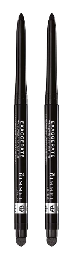 Rimmel London Exaggerate Waterproof Eye Definer Bundle, Blackest Black & Deep Ocean, Built-In Smudger and Sharpener