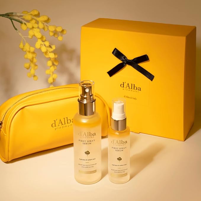 d'Alba Travel Essencial Gift Set, White Truffle First Spray Serum Full Size & Travel Size with Yellow Pouch, Korean Skin Care-VivaGrace Women