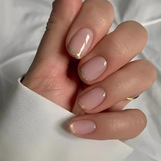 Press on Nails Short, Extra Short Press on Nails Glue on for Women, Gold Nude Pink French tip press-on nail, Reusable Stick on Acrylic Glossy Soft Gel Fake presson Nail Kit for Women Gift