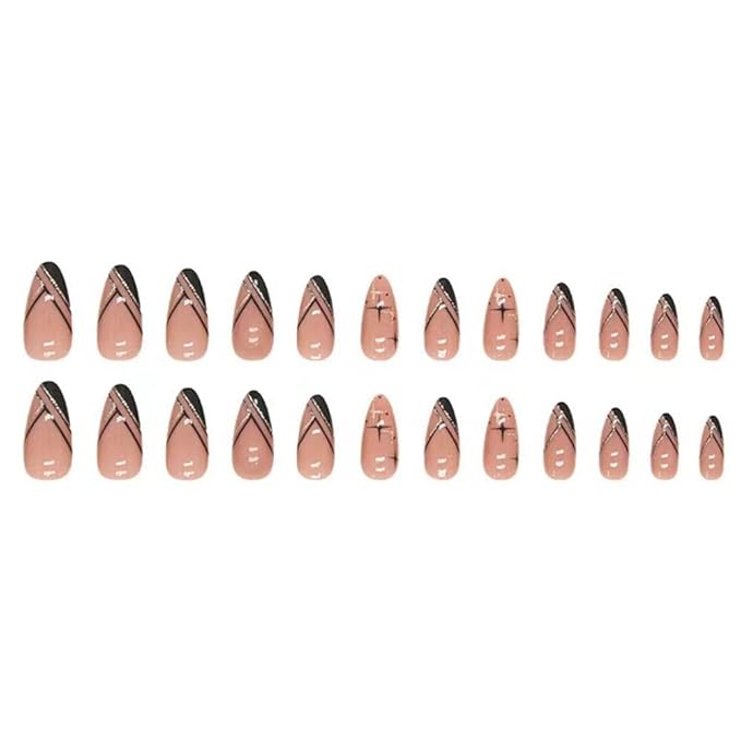 French Tip Press on Nails Medium Almond Fake Nails Black Gold Line False Nails with Design Star Glue on Nails Glossy Acrylic Nail Press ons Full Cover Stick on Nails for Women Girls Manicure 24PCS