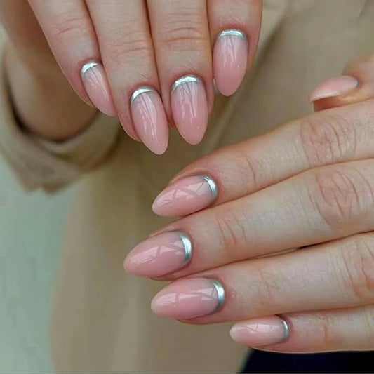 Pink Press On Nails Short Curve 24 Pcs, Silver Tip Designer Reusable Acrylic Fake Nails with Glue, Glossy Soft Gel Nails Wedding and Party, Stick On Glue On Nails, Nial for Women Gift