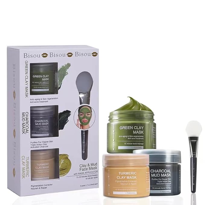 Turmeric Clay, Dead Sea Mud & Charcoal Gel Face Mask Trio With Applicator, Deep cleansing Clay and Mask Applicator, Facial Therapy PH Balanced Hypo-allergenic (3 Sets Mud Mask)-VivaGrace Women