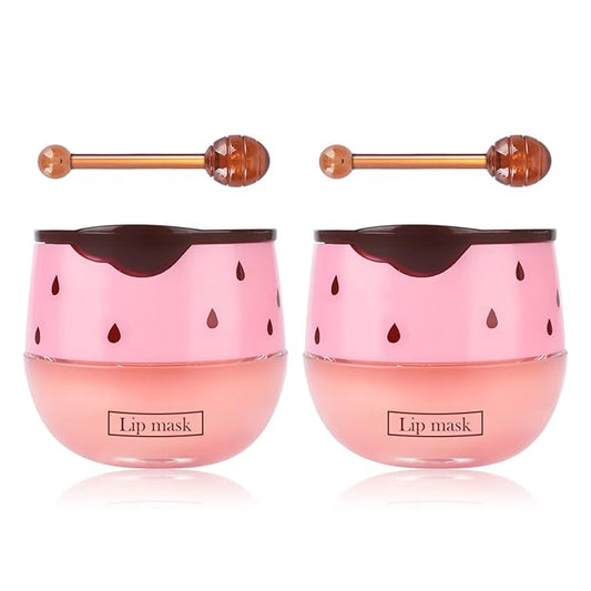 2PCs Strawberry Lip Sleeping Mask,Bee Lip Balm Honey Pot, Bee Lip Honey Pot with Wand Nourishes Lips, Overnight Strawberry Propolis Honey Balm Lip Mask for Lip Care Moisturize Lip Skin-VivaGrace Women