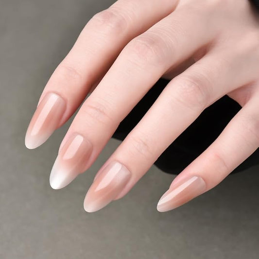 Nude Press On Nails Almond, Cat Eye Fake Nails with French Tips Gradient Blush Design, Glossy Gel Finish Acrylic Press On Nails, Thick Natural Reusable Glue On Nails for Women, Ethereal Blush