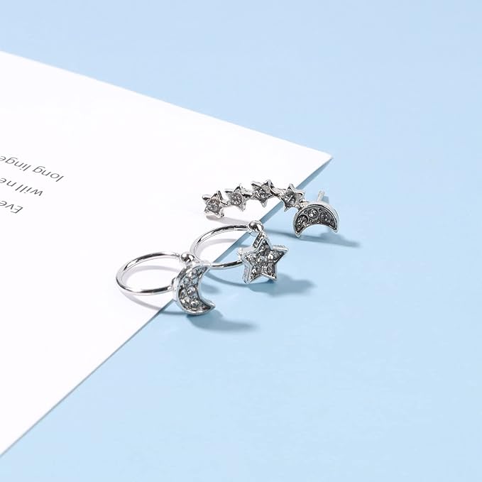 Boho Moon Star Ear Climber Earrings Silver Cz Star Ear Crawler Earrings Vintage Rhinestone Moon Cuff Earrings Cartilage Star Trailing Earrings Celestial Jewelry for Women and Girls Gifts-VivaGrace Women
