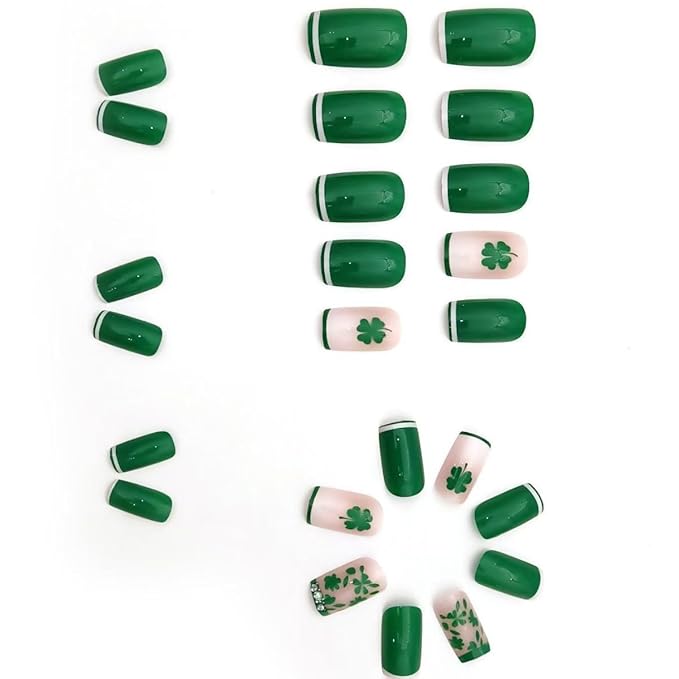 St. Patrick's Press on Nails Clover Short Square Fake Nails with Rhinestone Designs Green French Tip False Nails Full Cover Glossy Stick on Nails St. Patrick's Glue on Nails for Women Girls