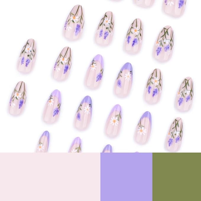 Flower Daisy Press on Nails Short Square False Nails with Purple French Tips Design Lavender Fake Nails Spring Stick on Nails Glossy Reusable Summer Glue on Nails for Women Girls Manicure 24Pcs