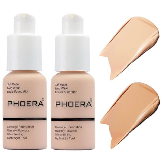 2 Pack PHOERA Foundation,Matte Oil Control Concealer Foundation Cream,PHOERA Long Lasting Waterproof Matte Liquid Foundation for Women Girls (102 Nude+104 Buff Beige)-VivaGrace Women