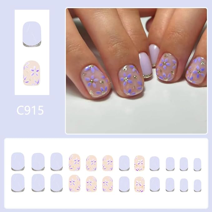 Short Press on Nails Mummer Square Fake Nails Purple Flower False Nails with Glitter Designs Cute French Tip Artificial Acrylic Nails Press ons Reusable Stick on Nails Summer Glue on Nails for Women