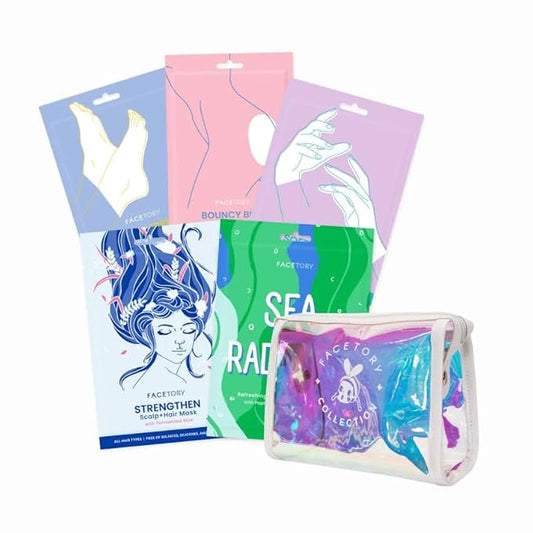 FACETORY Head to Toe Body Spa Pouch Gift Bundle with Korean Sheet Masks for Hair, Face, Feet, Hands, and Butt - Softening, Hydrating, Nourishing, and Moisturizing, for Dry, Cracked Skin-VivaGrace Women