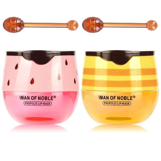 Bee Lip Balm Honey Pot, 2 PCS Strawberry & Honey Hydrating Prevention Dry and Cracked Lip Scrubs Exfoliator, Propolis Moisturizing Lip Sleep Mask Reduces Lip Lines, Lip Exfoliating Honey Bee Lip Mask-VivaGrace Women