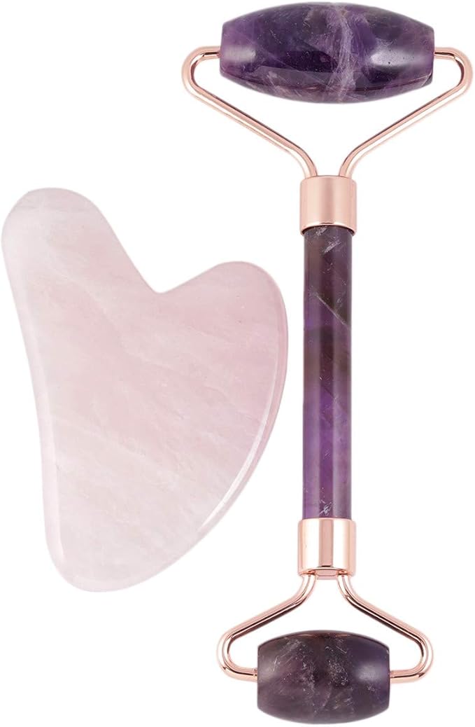 Rockcloud Natural Crystal Jade Roller and Gua Sha Scraping Set Massager Tool for Anti Aging Beauty Neck Body Reduce Wrinkles Facial Massager Therapy Amethyst and Rose Quartz-VivaGrace Women