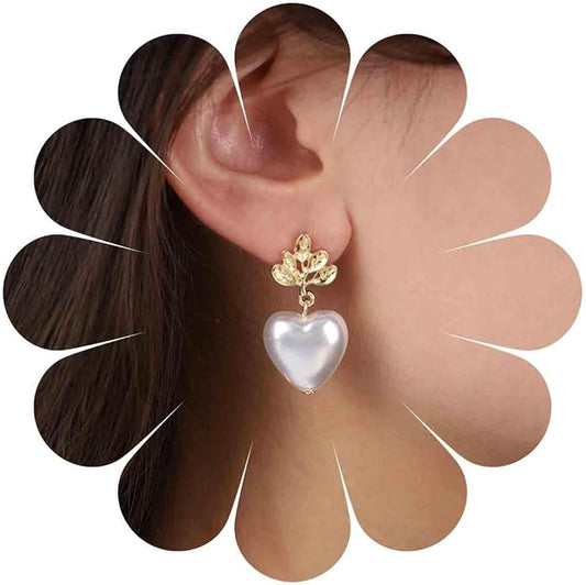 Vintage Pearl Heart Dangle Earrings Heart Pearl Drop Earrings Gold Leaf Stud Earrings Heart Love Earrings Jewelry for Women-VivaGrace Women