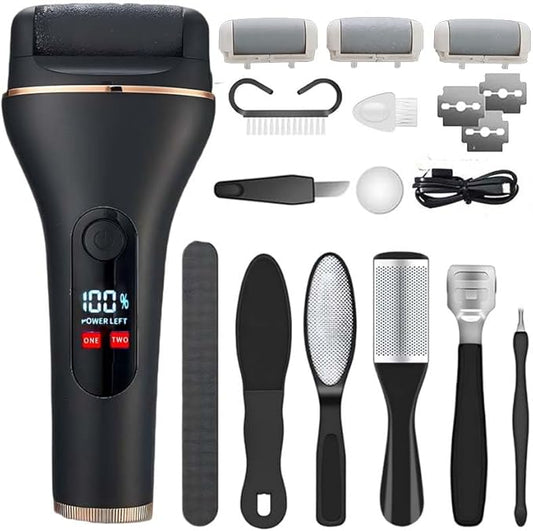 Electric Foot Callus Remover, Portable Electric Foot File with 15 in 1 Professional Pedicure Kits, Rechargeable Pedicure Tools for Foot Care, Waterproof Remover Cracked Feet & Dead Skin (Black)-VivaGrace Women