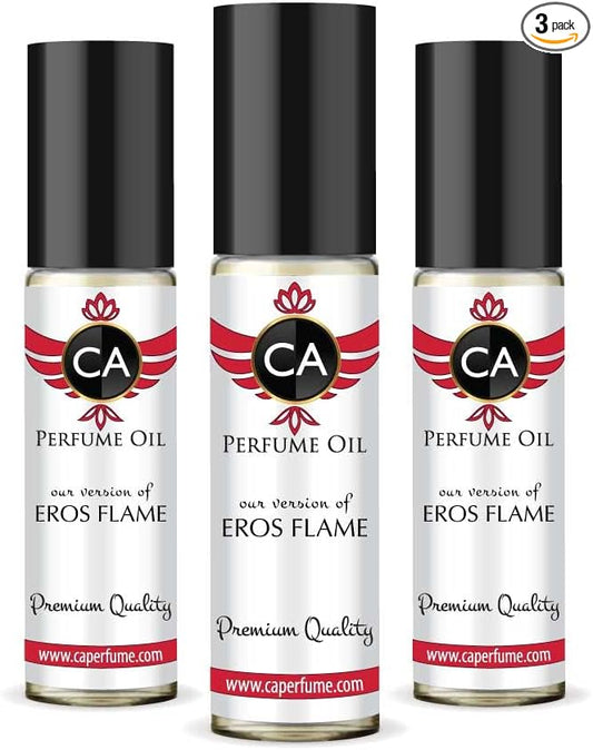 CA Perfume Impression of Eros Flame For Men Replica Fragrance Body Oil Dupes Alcohol-Free Essential Aromatherapy Sample Travel Size Concentrated Long Lasting Attar Roll-On 0.3 Fl Oz-X3-VivaGrace Women