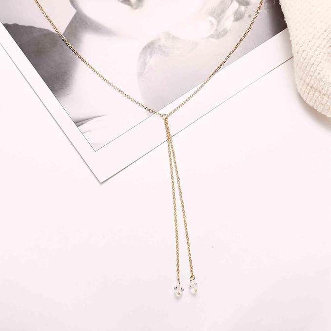 Boho Crystal Drop Necklace Gold Crystal Tassel Y Necklace Chain Vintage Long Drop Chain Necklace Minimalist Necklace Chain Jewelry for Women and Girls Gifts-VivaGrace Women