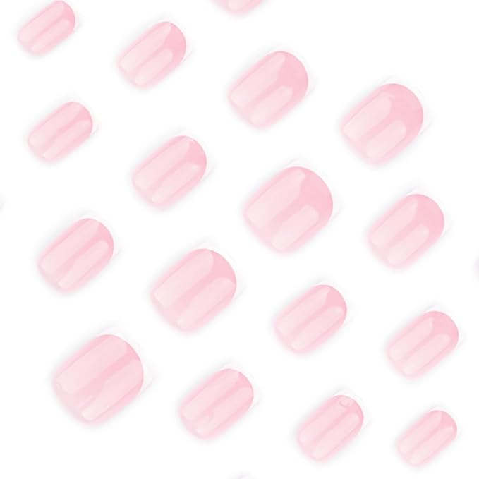 24Pcs Short Square Press on Nails Nude Pink Fake Nails with Jelly Glue White French Tip False Nail Glossy Artificial Finger Manicure Reusable Natural Fashion Nail Tips for Women