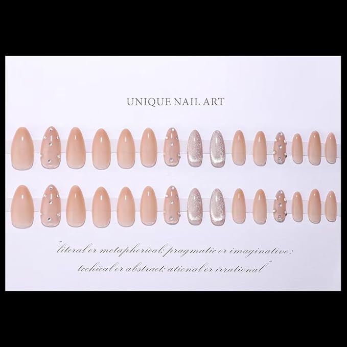 Glitter Press on Nails Medium Almond Fake Nails Nude False Nails with Design Rhinestone Glue on Nails Reusable Artificial Acrylic Glossy Full Cover Shiny Stick on Nails for Women Manicure 24pcs