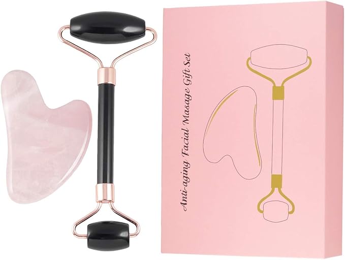 Rockcloud Natural Crystal Jade Roller and Gua Sha Scraping Set Massager Tool for Anti Aging Beauty Neck Body Reduce Wrinkles Facial Massager Therapy Black Obisidian and Rose Quartz Crystal Stone-VivaGrace Women