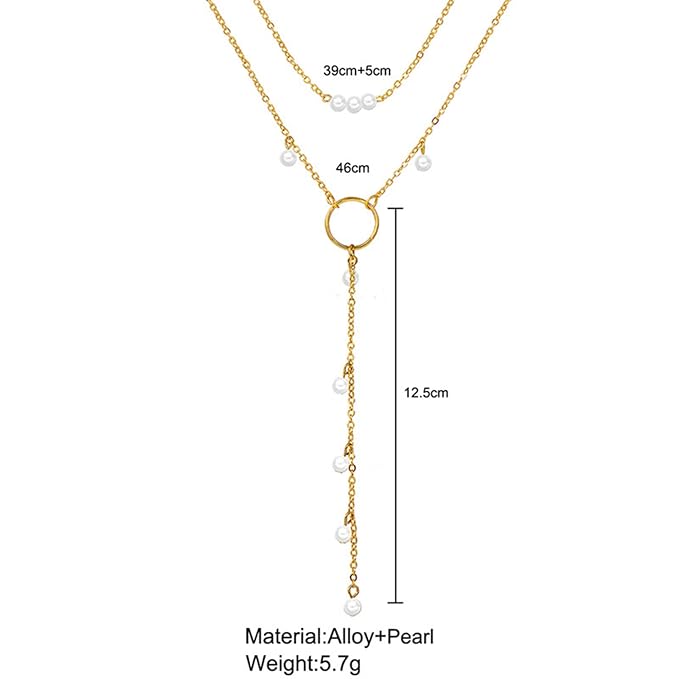 Boho Circle Pearl Lariat Necklace Gold Long Lariat Chain Necklace Tiny Pearl Choker Necklace Drop Pearl Chain Y Necklace Jewelry for Women and Girls Gifts-VivaGrace Women