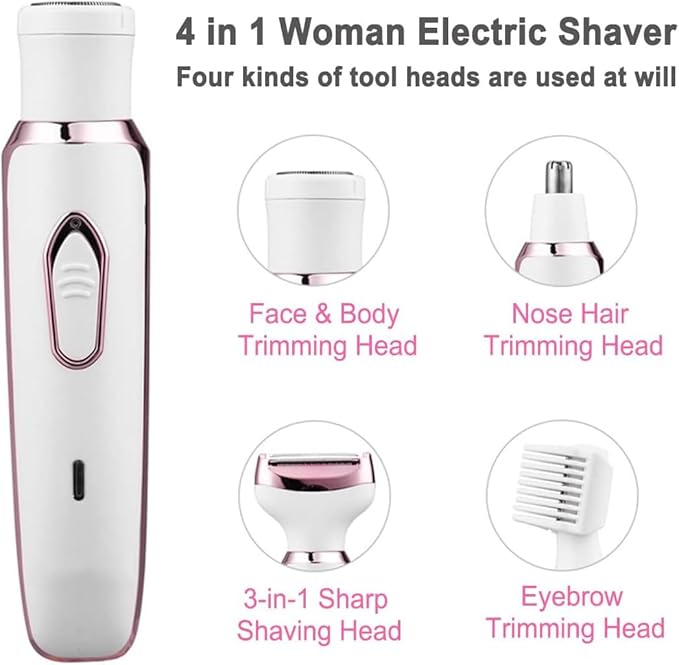 Bikini Trimmer for Women, Electric Razor Hair Shaver for Face Nose Eyebrow Beard Mustache Arm Leg Armpit Bikini, Replaceable Lady Facial Razor, Painless Rechargeable 4 in 1 Women Body Shaver for Trip-VivaGrace Women