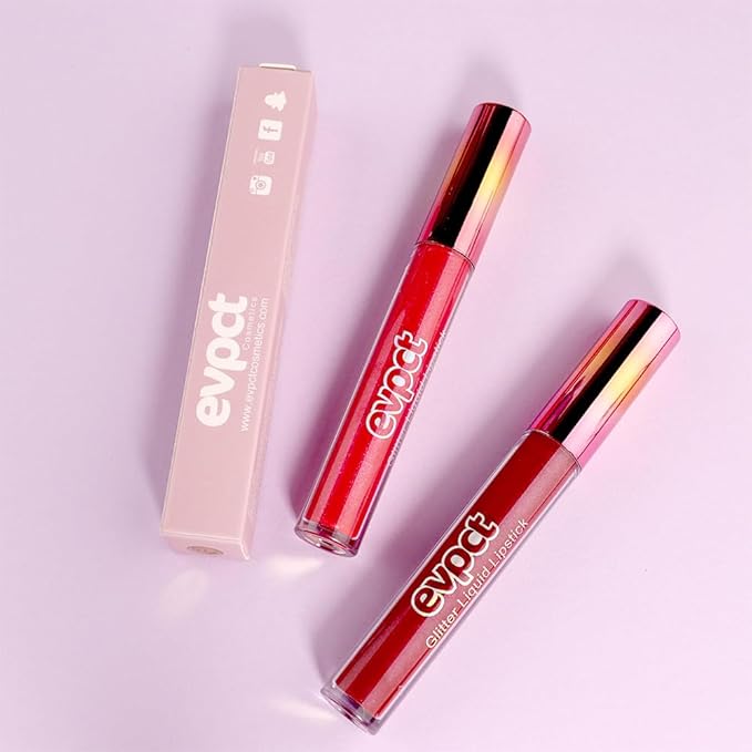 evpct 2Pcs Red Glitter Metallic Shimmer Diamond Lipstick Lip Gloss Stain Set for Women Long Lasting Waterproof, Dark Hot Bright Red Sparkle Glitter Matte long wear Liquid Lipstick Lip Makeup Kit-VivaGrace Women