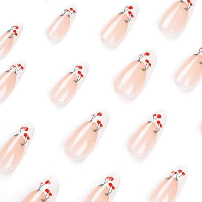 French Tip Almond White Fake Nails with Cherry Design - Nude Full Cover Cute False Reusable Artificial Acrylic Nails for Women & Girls - 24pcs